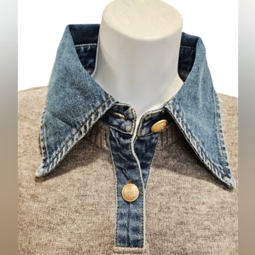 Commense Gray Sweater with Blue Denim Collar - Picture 3 of 8